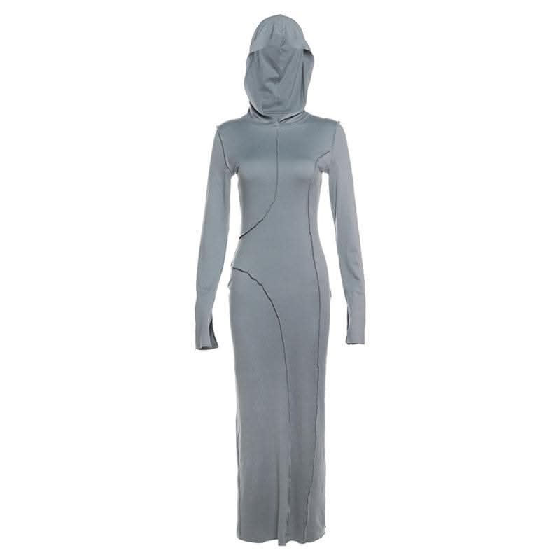 Stitch hoodie solid long sleeve slit maxi dress-final-sale