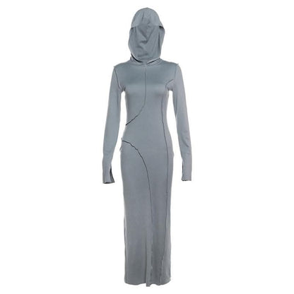 Stitch hoodie solid long sleeve slit maxi dress-final-sale