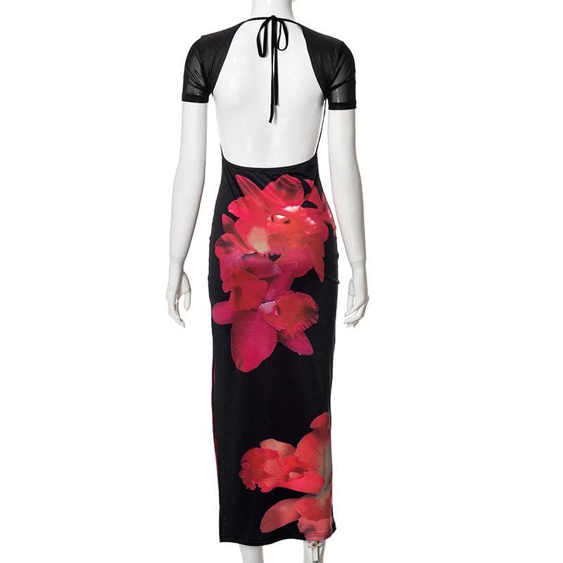 Short sleeve self tie flower print high slit maxi dress