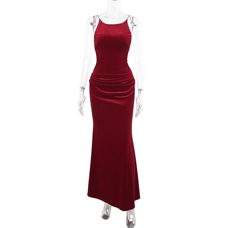 Self tie velvet ruched spaghetti strap maxi dress