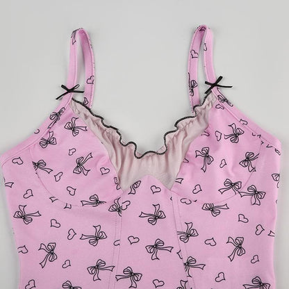 Ruffle bowknot print cami top