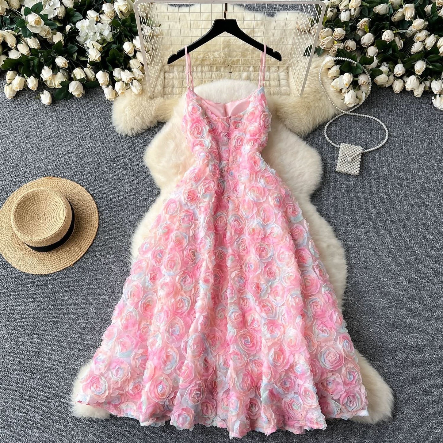 Zip-up u neck flower applique cami maxi dress