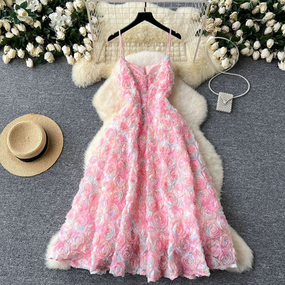 Zip-up u neck flower applique cami maxi dress