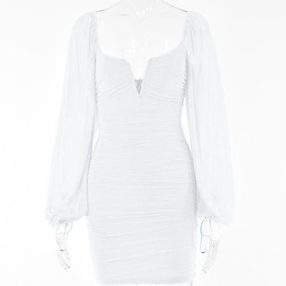 Mesh solid long sleeve ruched notch neck zip-up mini dress