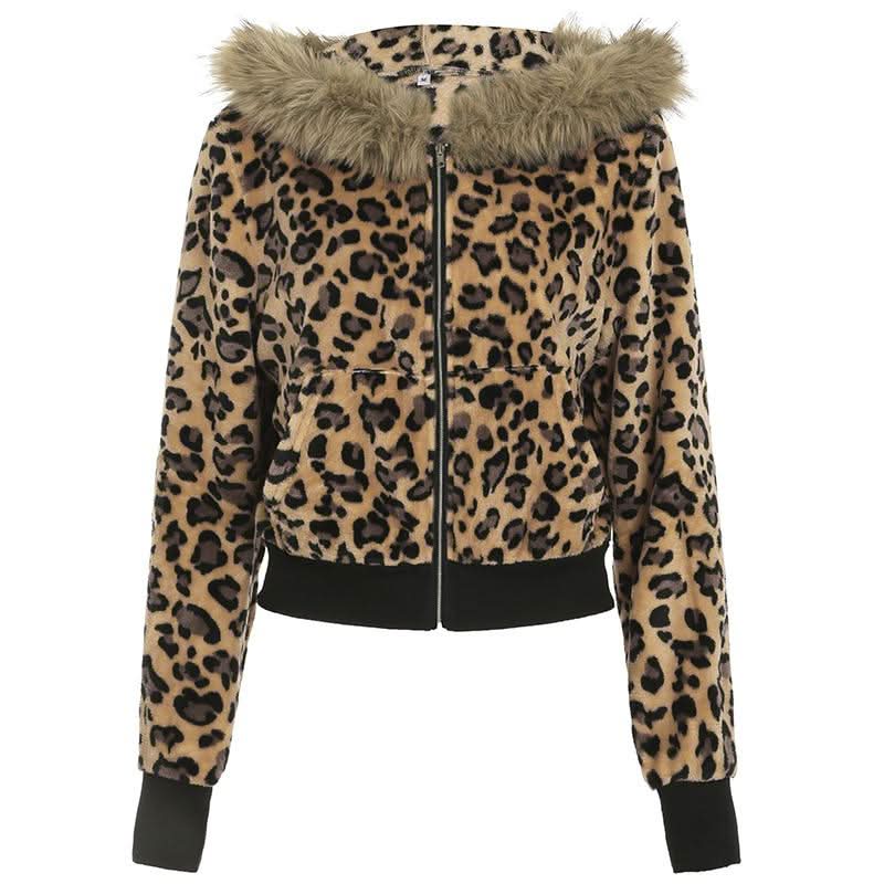 Long sleeve hoodie fluffy zip-up leopard print top
