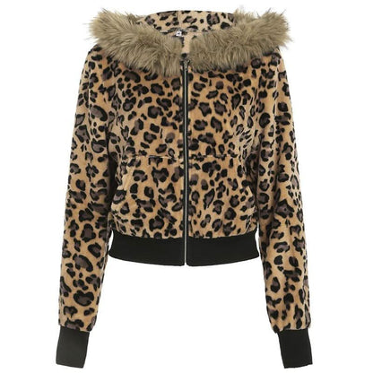 Long sleeve hoodie fluffy zip-up leopard print top