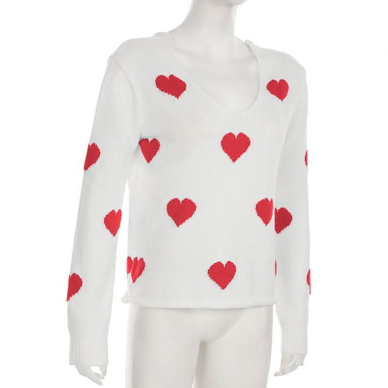 Long sleeve v neck sweetheart pattern knitted top