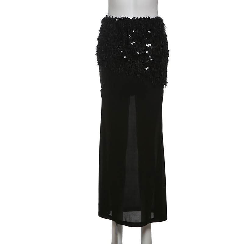 Glitter mesh patchwork fluffy maxi skirt