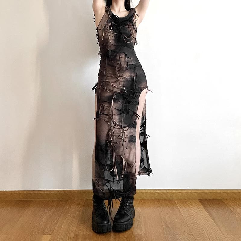Distressed Layered Cowl Neck High Slit Sleeveless Maxi Dress