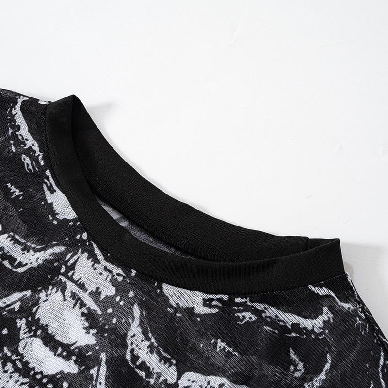 Sheer mesh contrast print see through gloves long sleeve top