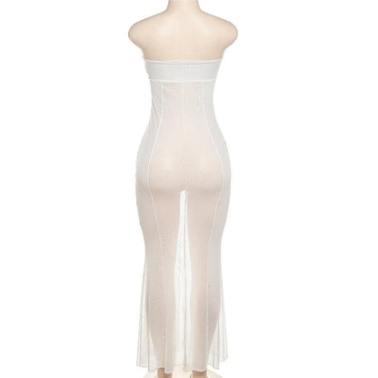 Mesh see through o ring hollow out backless tube cut out maxi dress