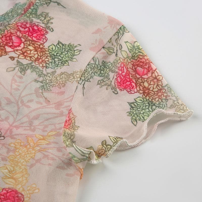 Short sleeve flower print ruffle sheer mesh top