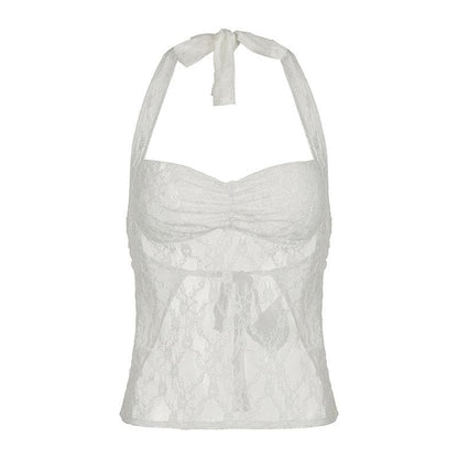 Halter lace see through ruched top