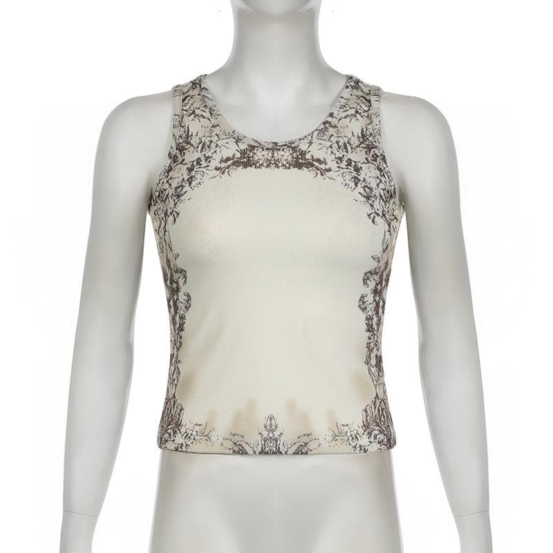Sleeveless u neck print ribbed top