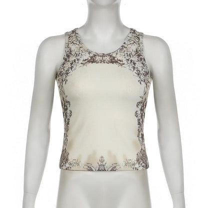 Sleeveless u neck print ribbed top