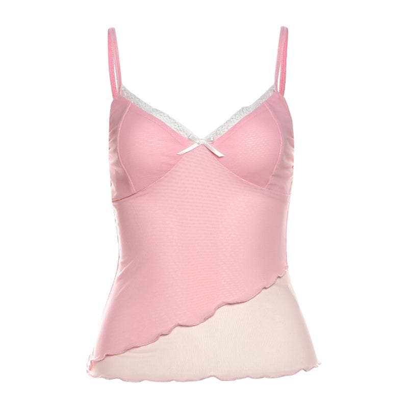 Bowknot lace v neck mesh irregular cami top