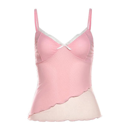 Bowknot lace v neck mesh irregular cami top