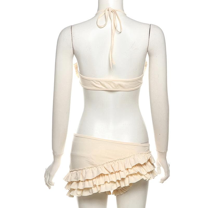 Ruffle halter self tie irregular u neck 3 piece mini skirt set