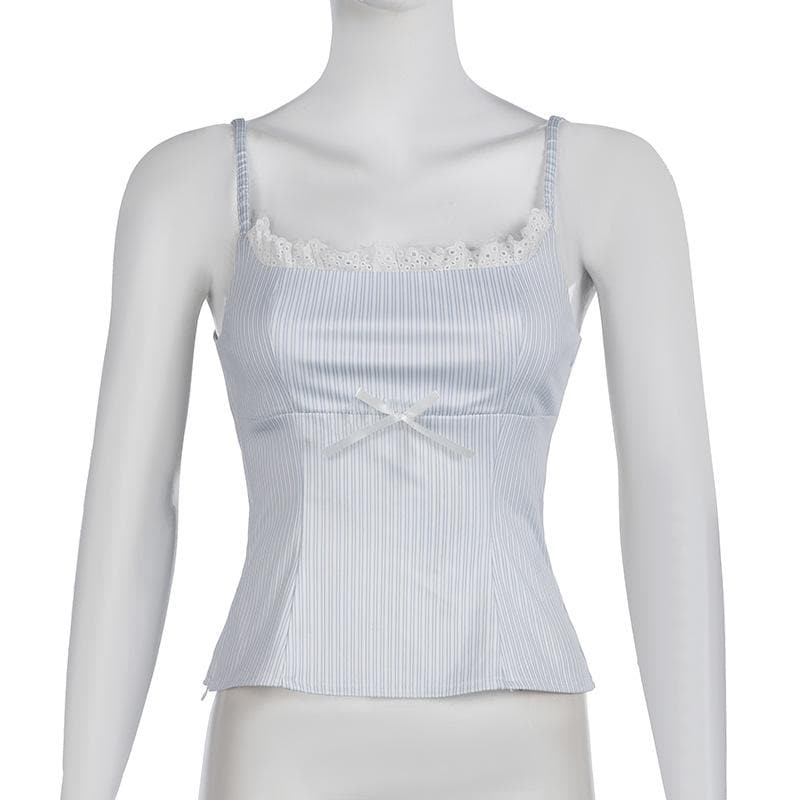 Striped print lace hem zip-up bowknot cami top