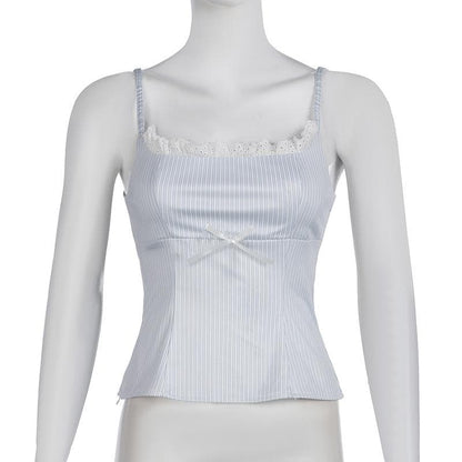 Striped print lace hem zip-up bowknot cami top