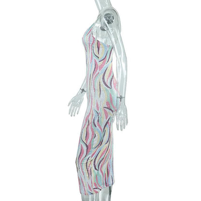 Spaghetti Strap Crossover Strap Abstract Pinstripe Print Bodycon Midi Dress