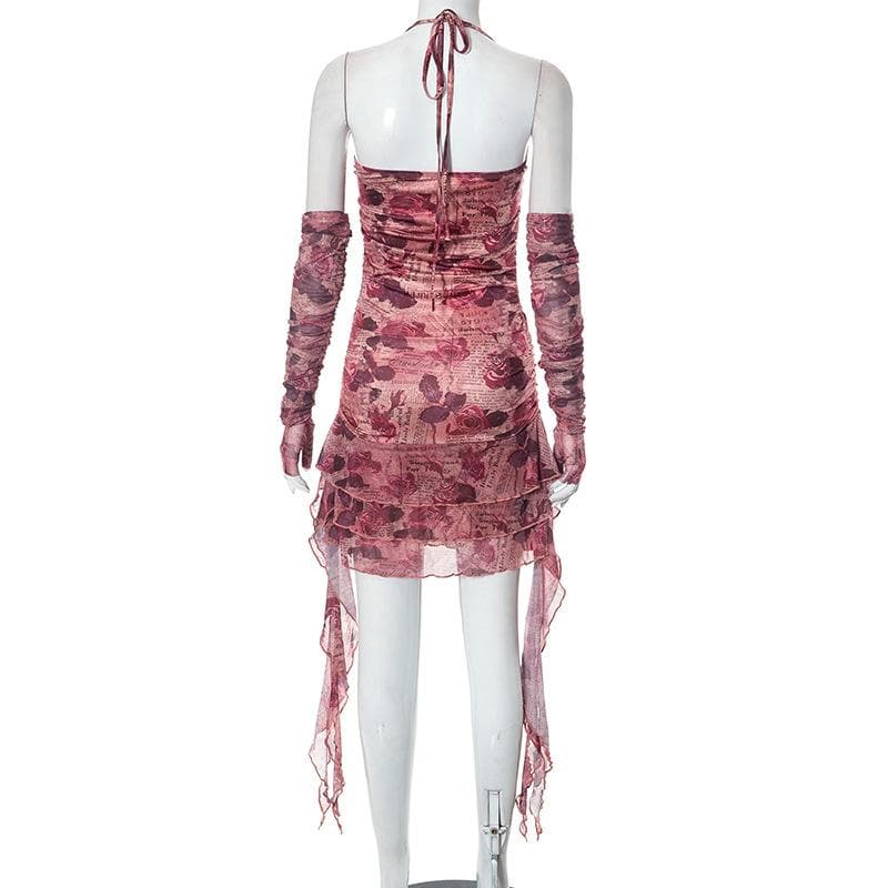 Newspaper Floral Print Halter Heart Buckle Cutout Ruched Ruffle Mini Dress
