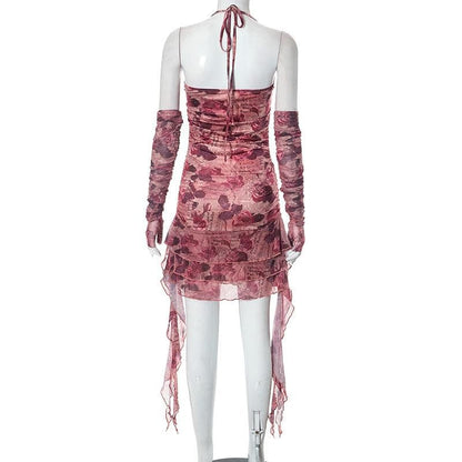Newspaper Floral Print Halter Heart Buckle Cutout Ruched Ruffle Mini Dress
