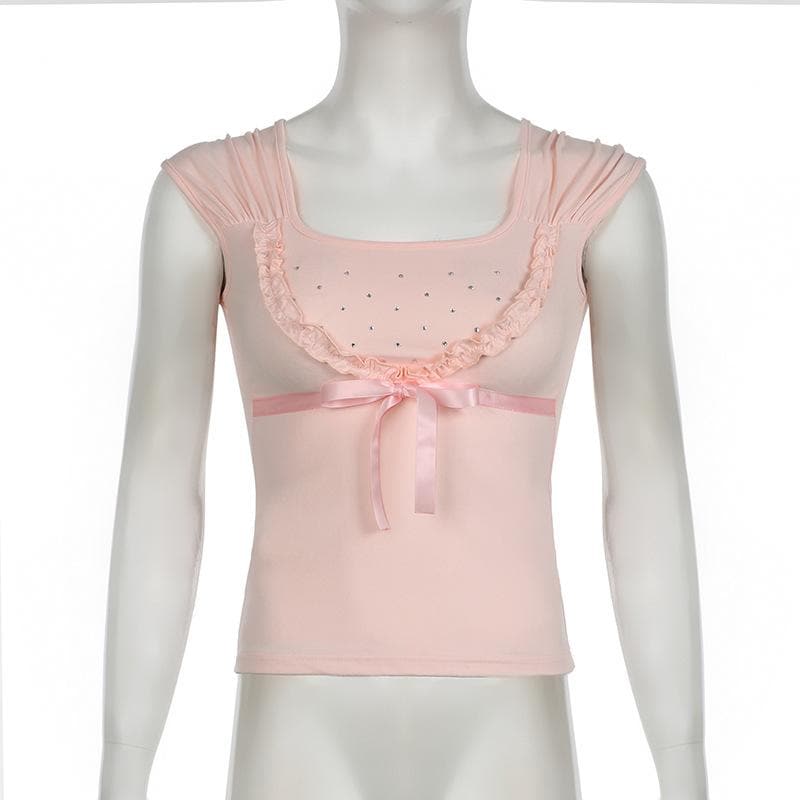 Bowknot beaded ruched u neck ruffle top