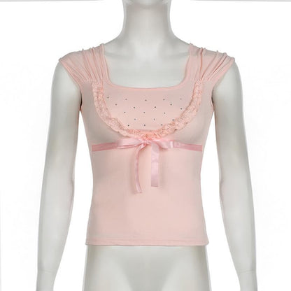 Bowknot beaded ruched u neck ruffle top