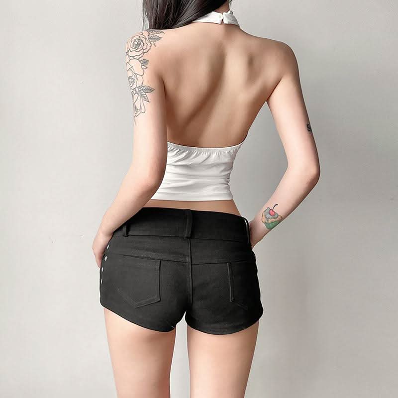 Halter button lace hem print backless top