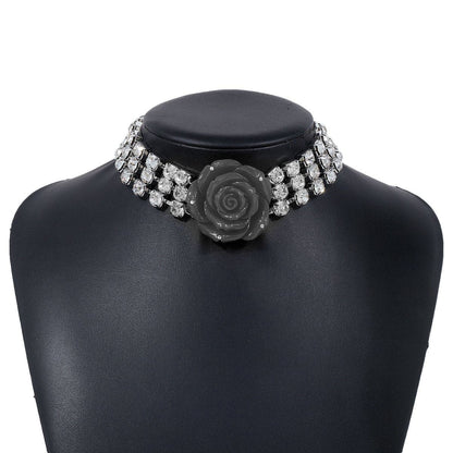 Rhinestone rose decor layered choker necklace