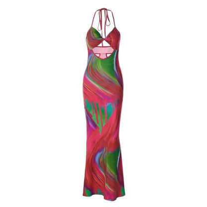 Contrast print halter hollow out knotted backless cut out maxi dress-final-sale