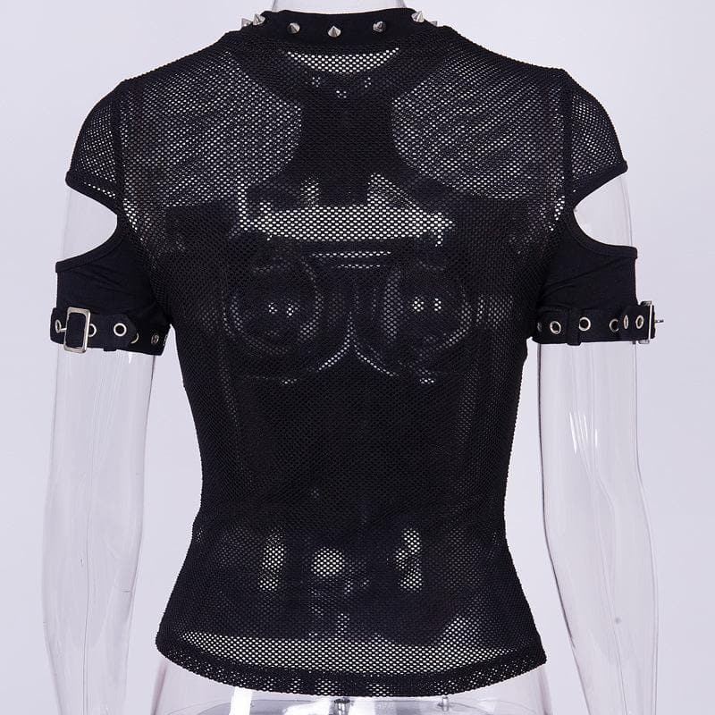 Fishnet patchwork hollow out short sleeve buckle cut out top
