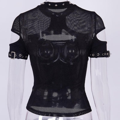 Fishnet patchwork hollow out short sleeve buckle cut out top