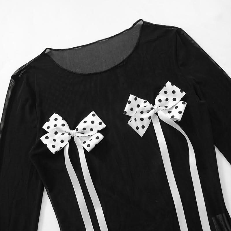 Long sleeve polka dot bowknot mesh crewneck pant set