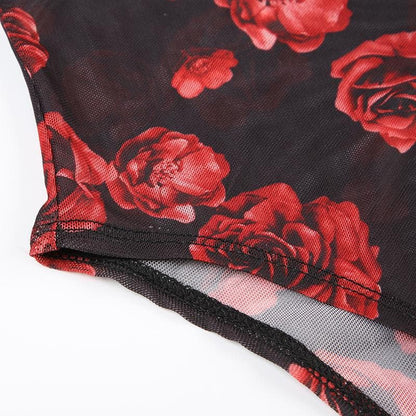 V neck rose print bowknot mesh cami bodysuit