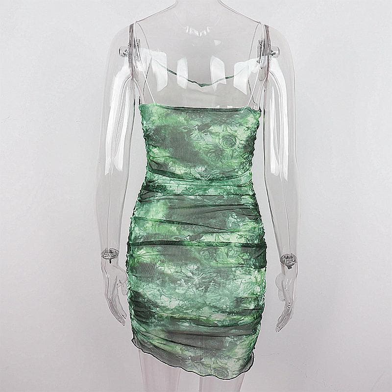 Sheer mesh tie dye print spaghetti strap cowl neck cami dress