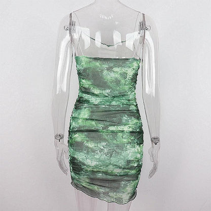 Sheer mesh tie dye print spaghetti strap cowl neck cami dress