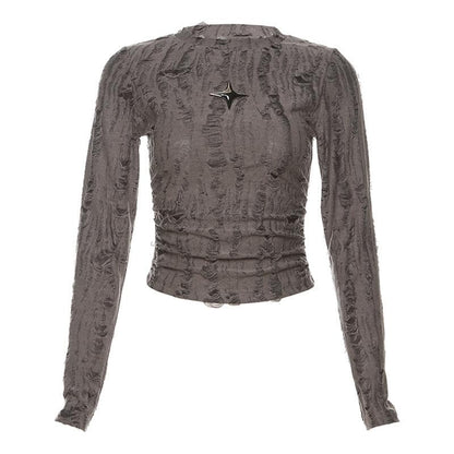 Ruched long sleeve textured star applique crewneck crop top
