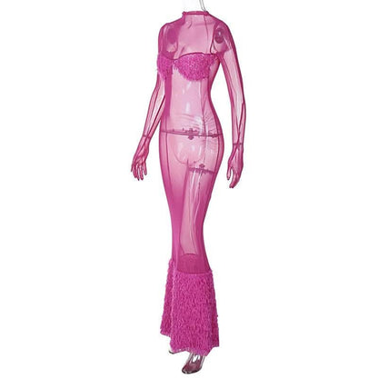 Long sleeve gloves high neck feather mesh see through maxi dress-final-sale