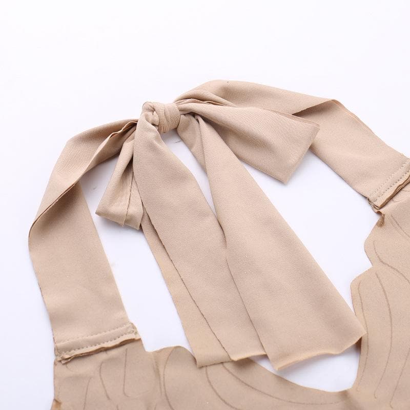 Butterfly pattern halter metallic self tie backless crop top