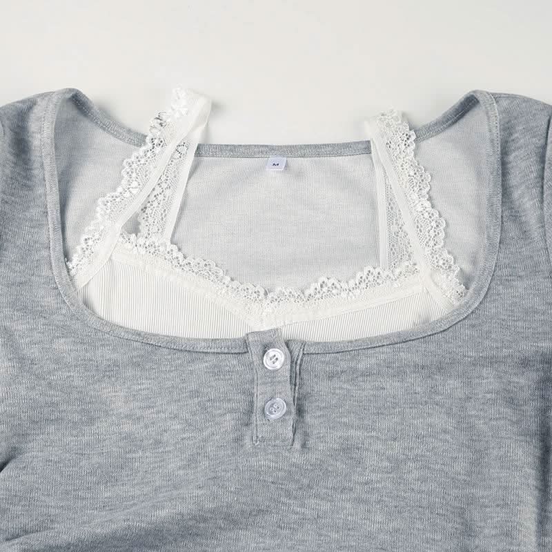 U neck long sleeve lace hem drawstring 2 piece top