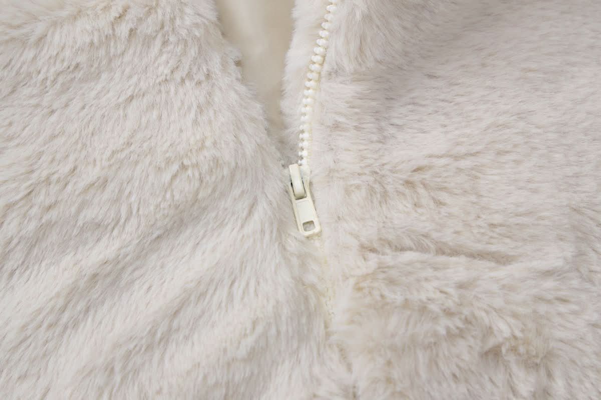 Turnover collar long sleeve fluffy zip-up top