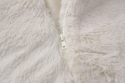 Turnover collar long sleeve fluffy zip-up top