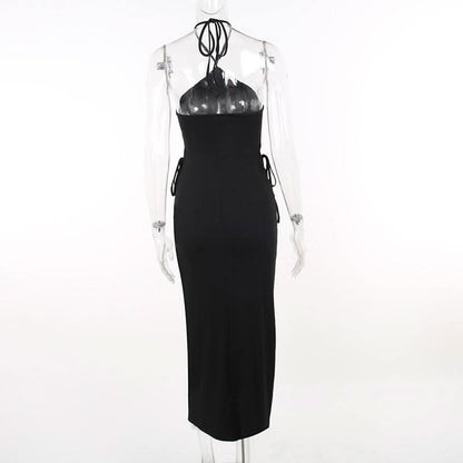 Halter self tie hollow out textured backless cut out midi dress