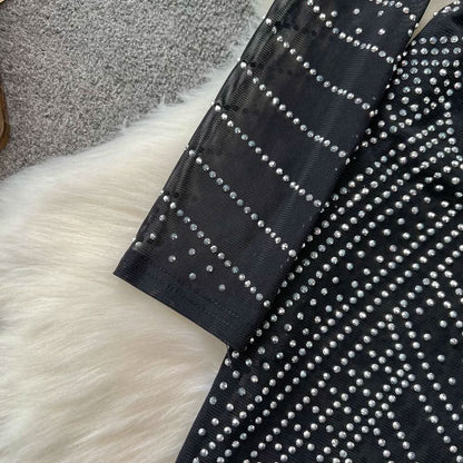 Long sleeve crewneck beaded zip-up hollow out cut out maxi dress