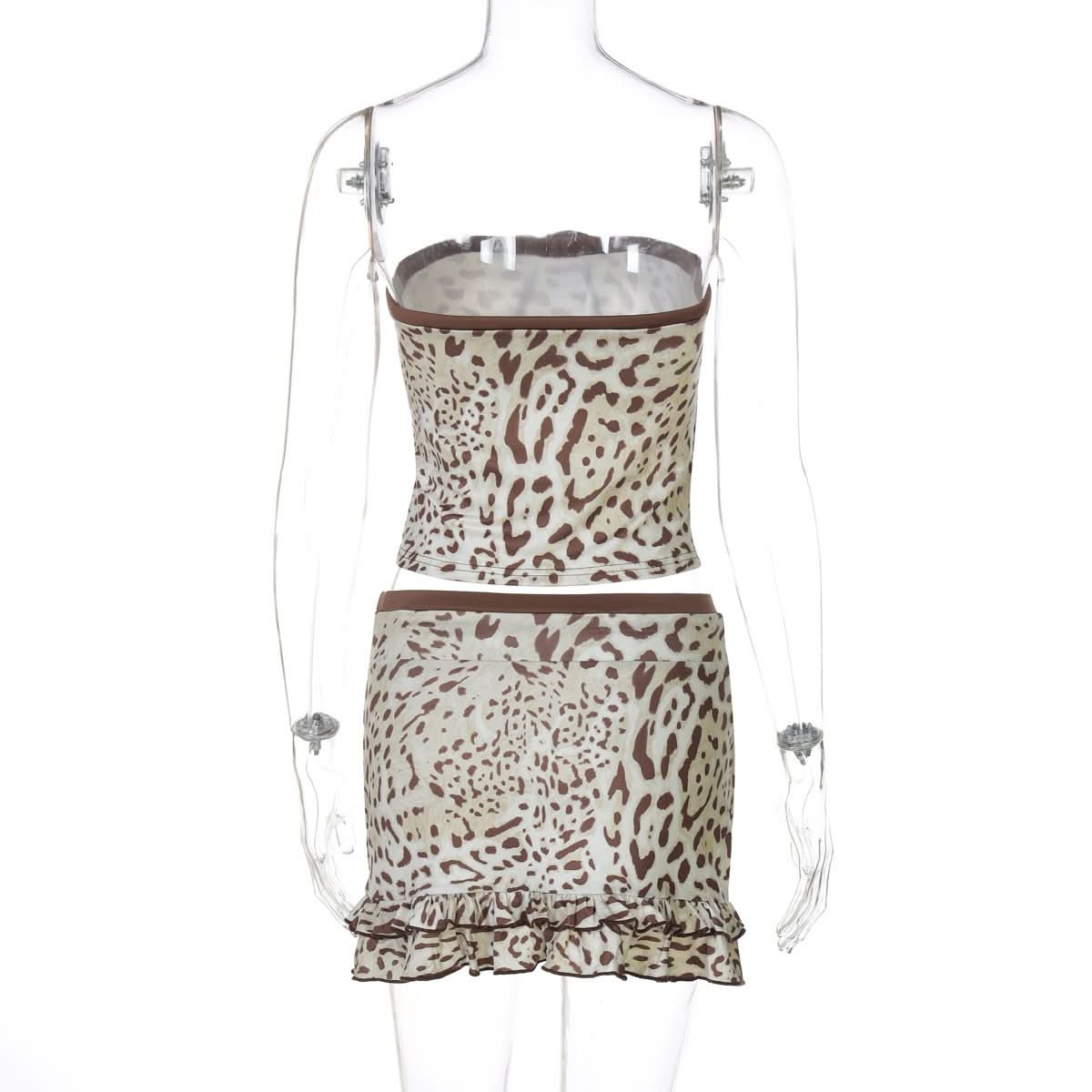 Leopard print bowknot ruffle tube mini skirt set