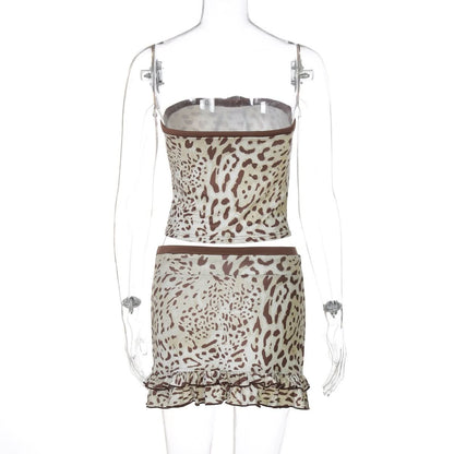 Leopard print bowknot ruffle tube mini skirt set