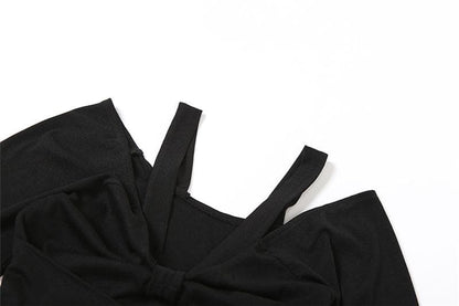 Long sleeve self tie bowknot hollow out solid crop cut out top