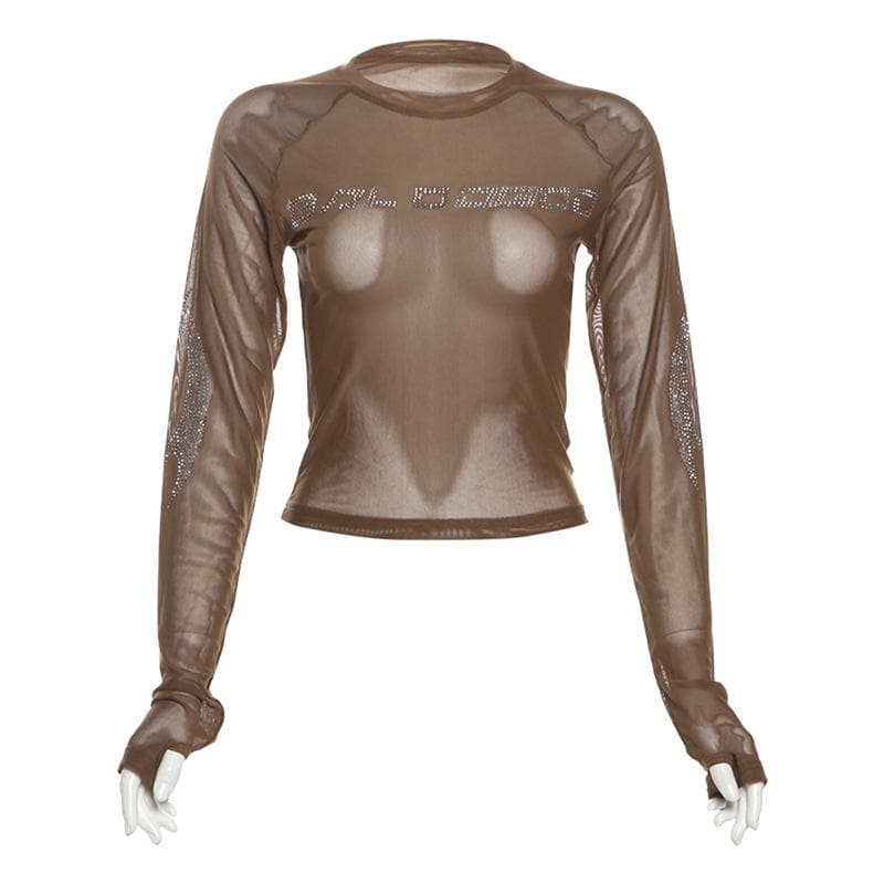 Long sleeve beaded sheer mesh top